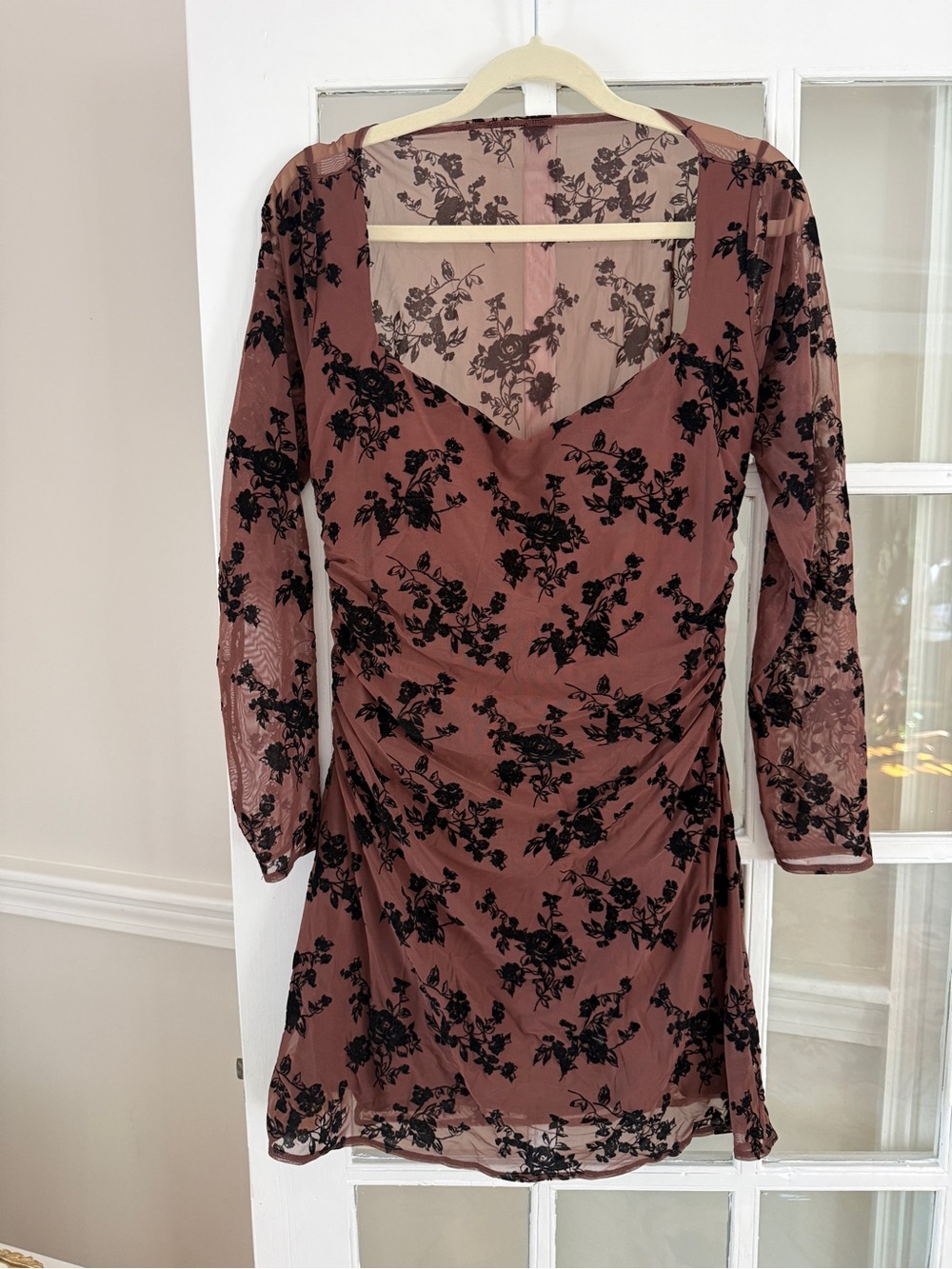 Abercrombie & Fitch Bra Free Brown Long-
Sleeve Mesh Dress with Floral Burnout
